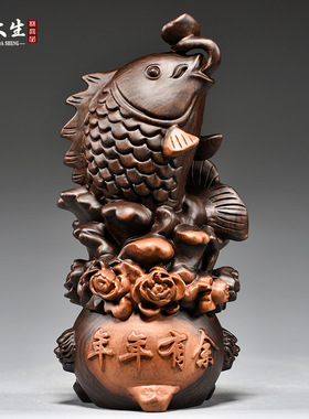 黑檀实木雕刻年年有鱼摆件一对鲤鱼木质家居办公室乔迁送礼装饰品