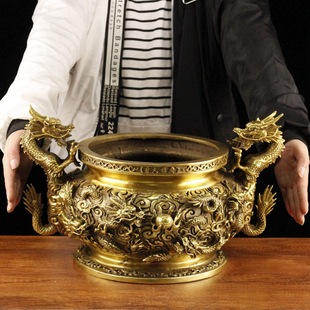 纯黄铜双耳龙炉摆件铜香炉龙纹炉佛像供奉家居装 饰工艺品摆件摆设