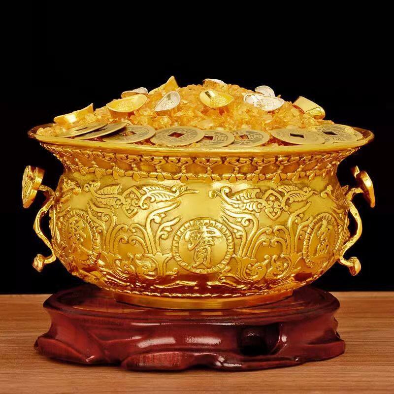 铜聚宝盆摆件家用客厅前台装饰品存钱罐双龙盆铜缸工艺品铜米