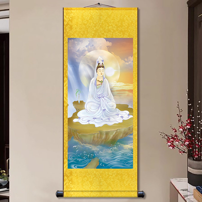 白衣观音画像观海观音佛像画佛堂丝绸卷轴挂画书法玄关