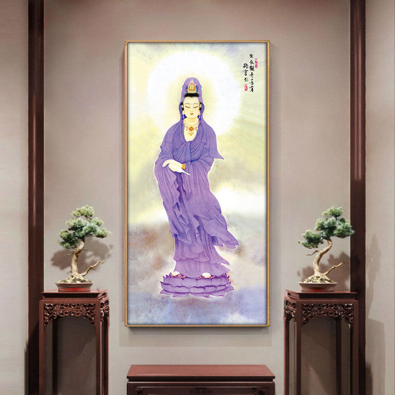 紫衣观音菩萨画像挂画观世音佛像古典中式客厅玄关人物佛堂装饰画