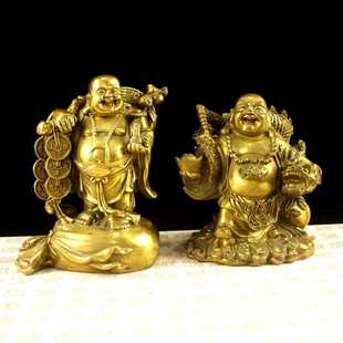 纯黄铜佛像金币龙纹弥勒佛摆件大肚笑佛布袋佛金属摆件