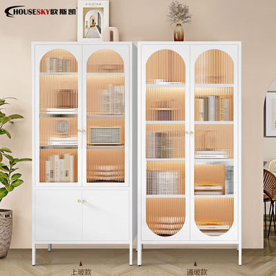 housesky法式奶油铁艺防尘书柜置物柜架带门轻奢钢制白色客厅玻璃
