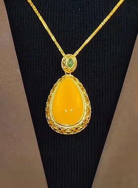 新款黄色水滴面吊坠项链女国潮宫廷风女挂坠秋冬毛衣项链女配饰