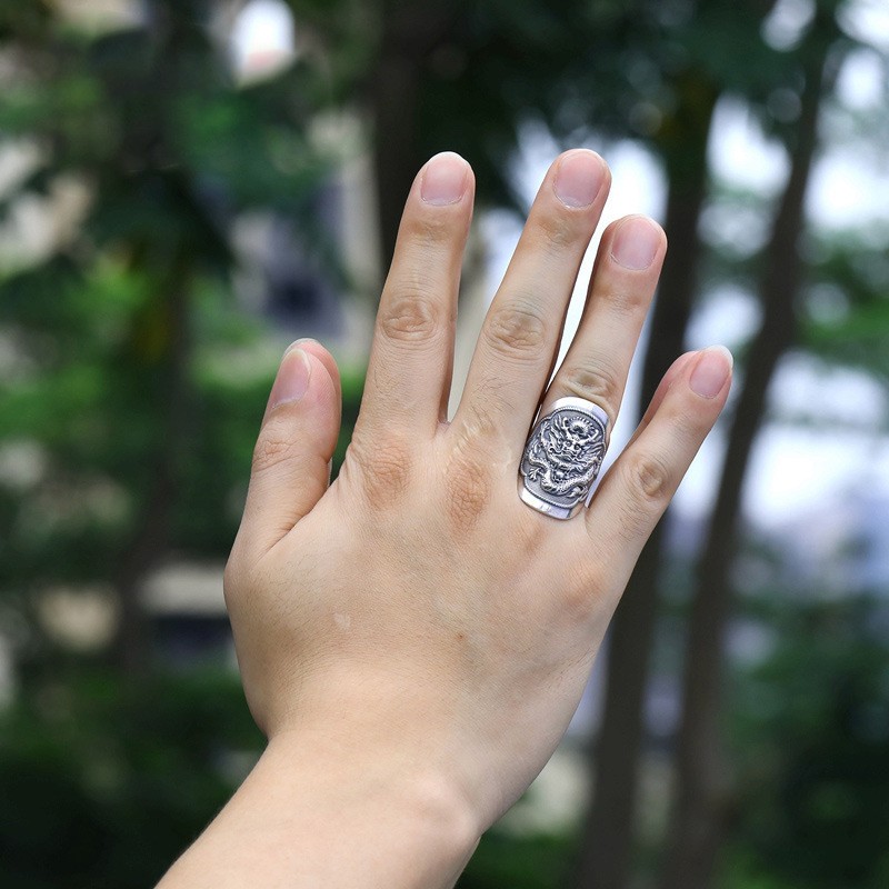 生肖龙纯银戒指 宽面扳指个性男戒霸气龙腾天下戒指指环