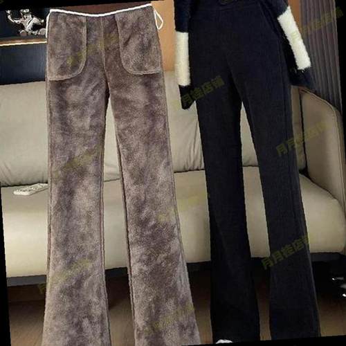 雪尼尔特厚羊羔绒女大码200斤冬季加绒加厚阔腿显瘦休闲喇叭裤子