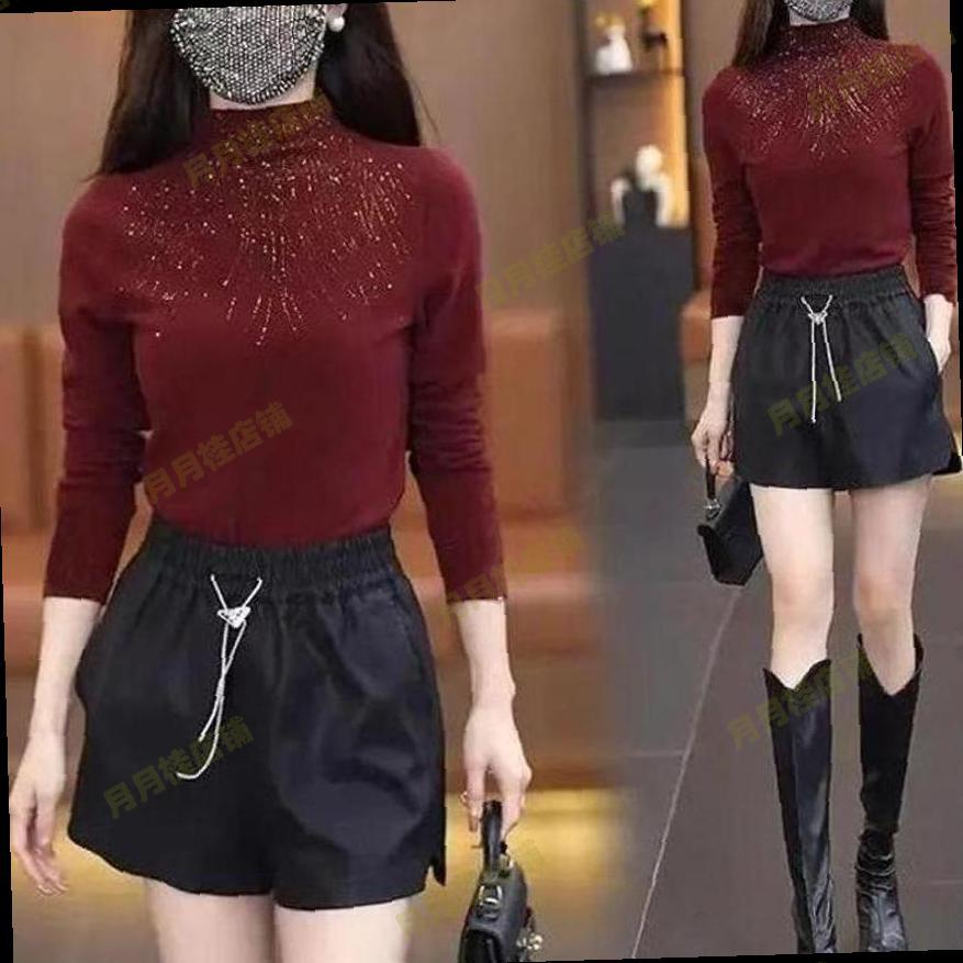 半高领长袖打底衫女秋冬2025新款枣红色上衣高级感烫钻修身打底衣