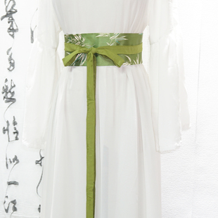 青绿色竹叶暗纹汉服绣花腰封长飘带马面裙可调节宽腰带国风配饰女