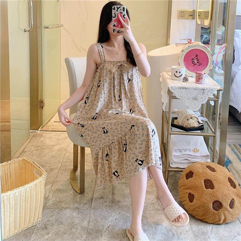 新品风睡裙夏季吊带睡衣纯棉女家居服印花甜美公主可爱大码绵绸