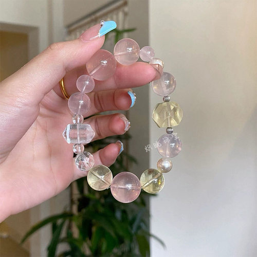 天然水晶粉水晶单圈果冻粉原创手链招财转运手串女时尚柠檬黄水晶