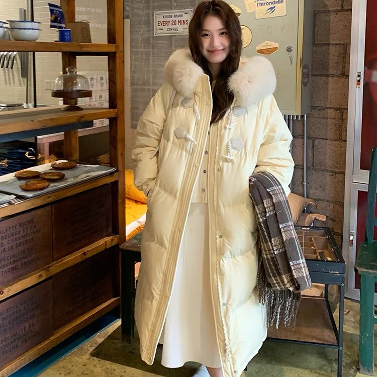韩版羽绒棉服女冬季2025新款中长款牛角扣设计感大毛领加厚棉袄