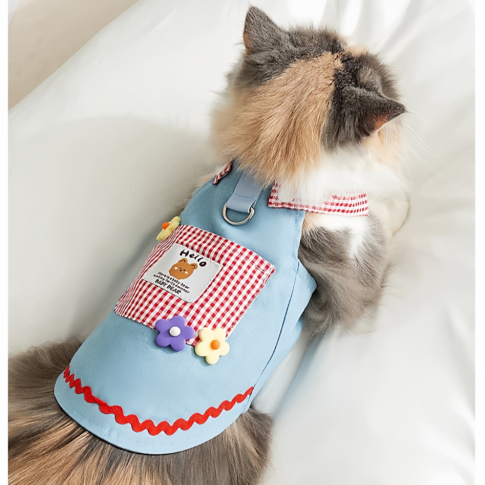 猫咪衣服可爱防飞毛夏季格子口袋牛仔小熊背带公主风裙子宠物衣服