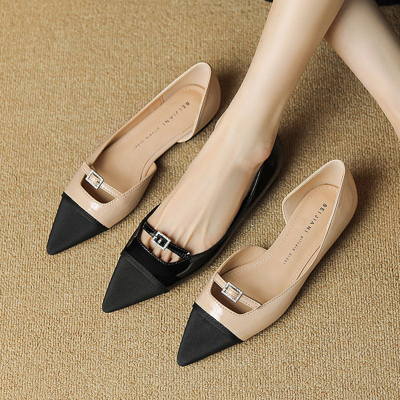 cobbler-欧美风尖头拼接单鞋女平底平跟气质皮带扣玛丽珍鞋