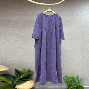 亚麻刺绣长袍2024夏新款女宽松大码文艺风琴褶长裙休闲长款连衣裙
