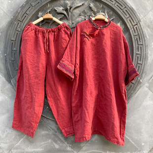 高端亚麻两件套国风刺绣2025春款女文艺复古盘扣大码宽松休闲套装