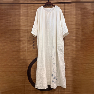 文艺宽松亚麻刺绣连衣裙