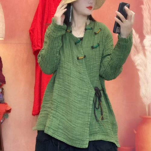 2026早春新款女亚麻材质禅意风文艺复古盘扣系绳复古斜襟休闲上衣