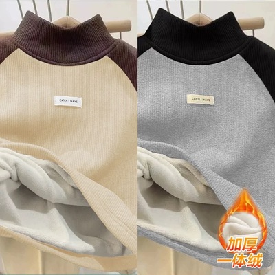 加绒加厚男童女童秋冬季2025儿童德绒打底衫保暖半高领一体绒上衣