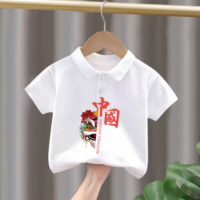 国庆节男女童喜庆polo衫表演服纯棉透气PoloT恤爱国红色印花班服