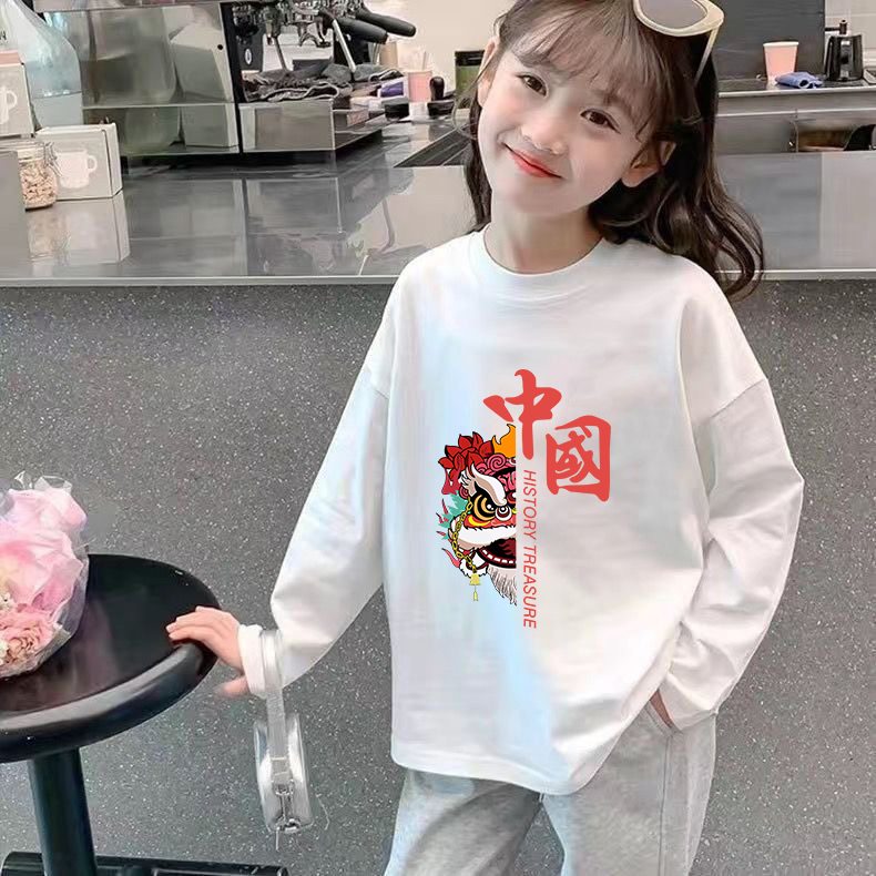 新款国庆节喜庆爱国长袖T恤班服男女童红色打底衫纯棉休闲表演服