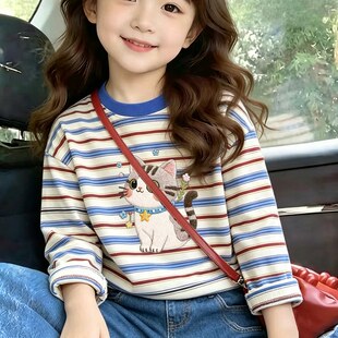 2026春秋印花打底衫T恤男童女童长袖长袖蓝红条纹纯棉透气上衣潮