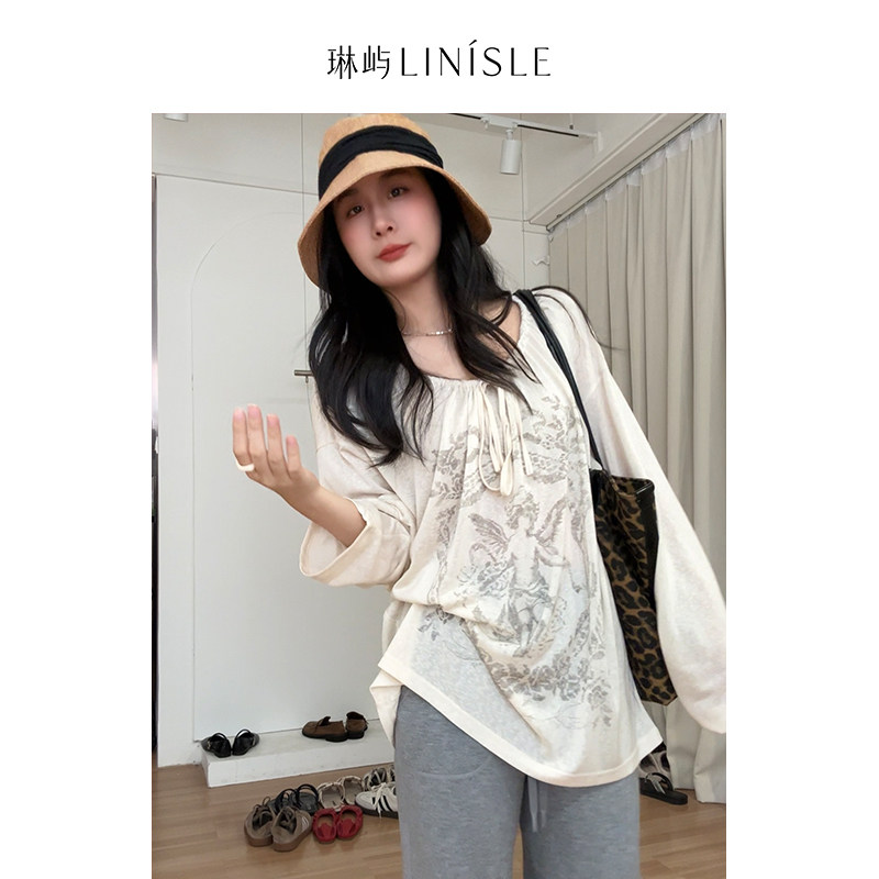 琳屿LINISLE女装丘比特印花长袖T恤女薄款宽松显瘦防晒罩衫上衣