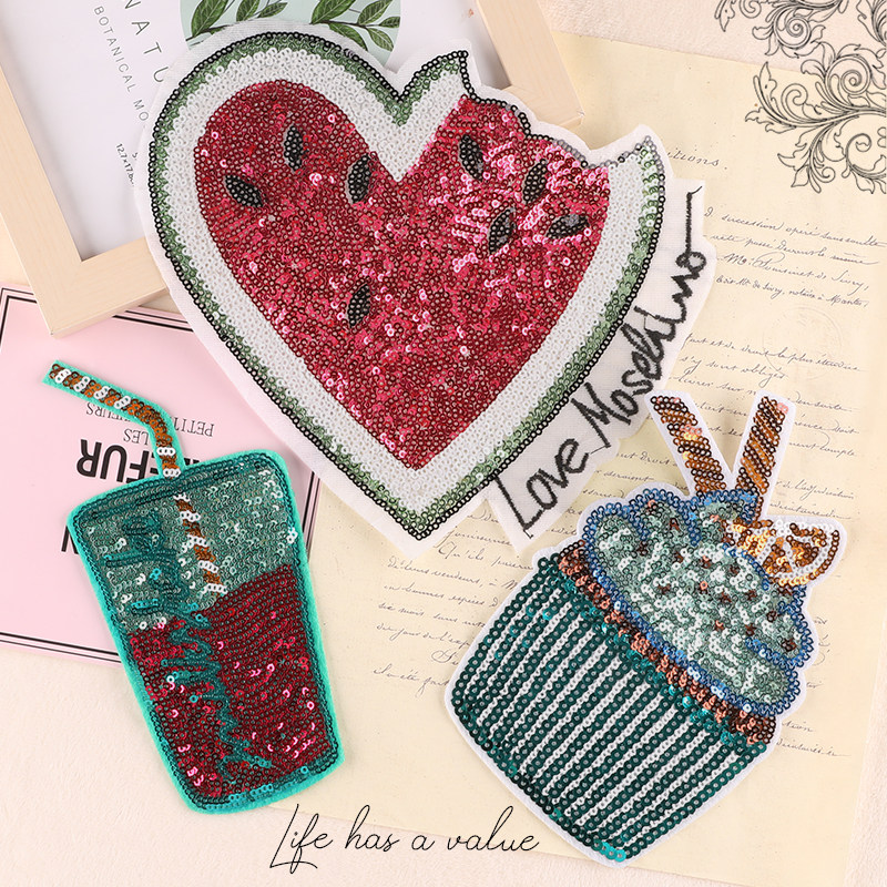 卡通水果西瓜饮料亮片刺绣徽章服装辅料手工DIY衣帽装饰手缝布贴