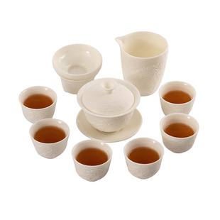 白瓷茶具套装家用客厅特价盖碗款浮雕功夫茶具会客礼盒装送礼佳品