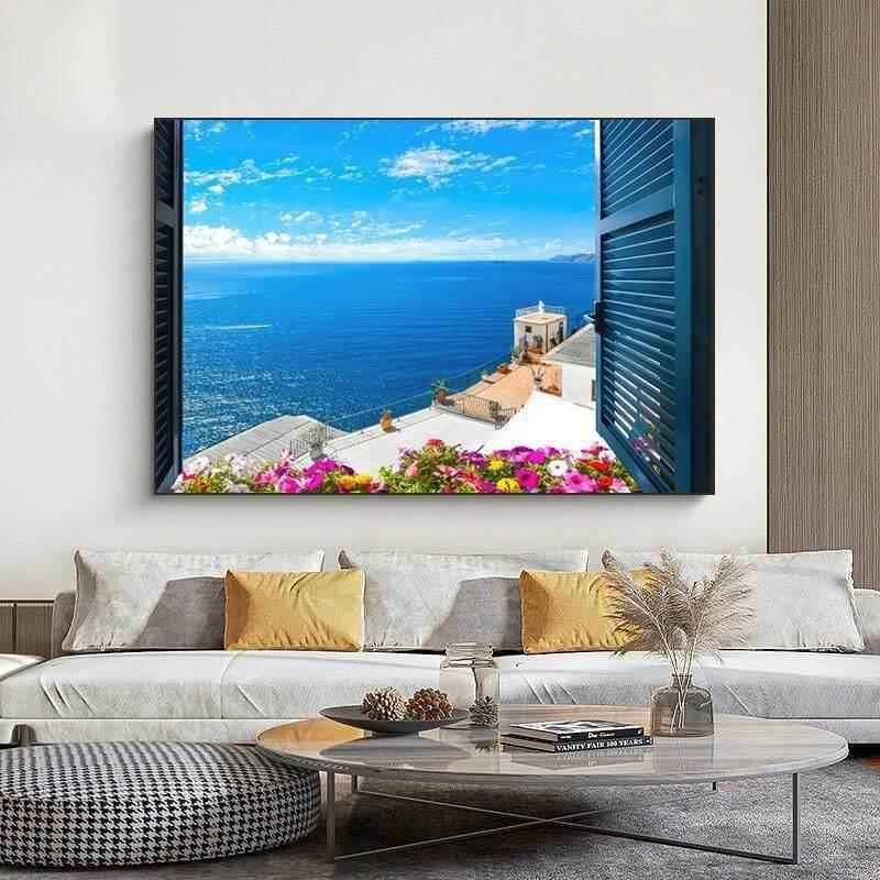 大海空间延伸感装饰画客厅油画风景挂画餐厅假窗户卫生间动态壁画图片