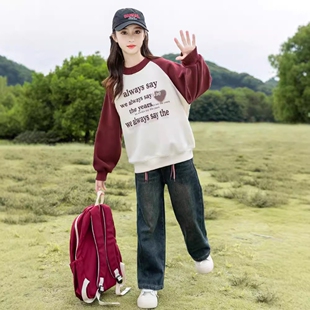 青少年女装学生初中生搭配套装女童卫衣秋装洋气秋季韩版印花圆领