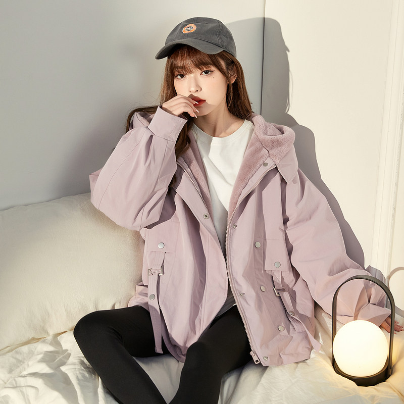 糖衣2024新款冬季女棉衣 派克服oversize仿兔毛加厚工装外套冬装K