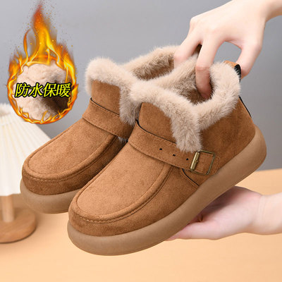 老北京布鞋女冬加绒加厚保暖麂皮布雪地靴中老年妈妈鞋一脚蹬棉靴