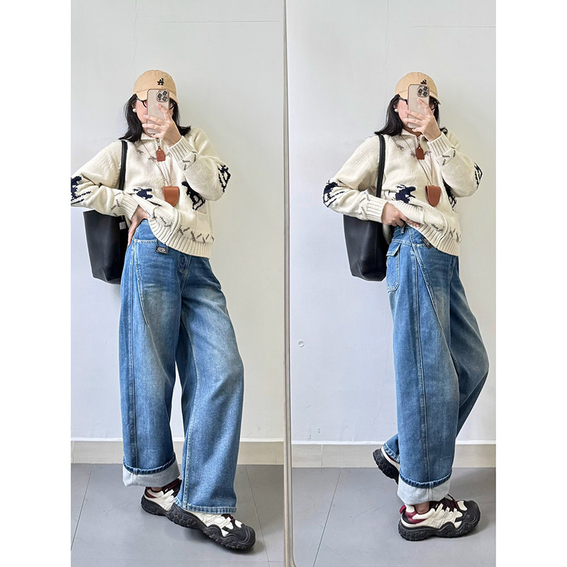 加绒加厚保暖牛仔裤阔腿裤