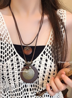 新中式禅意长款羽毛项链女复古民族风装饰毛衣链波西米亚时尚配饰