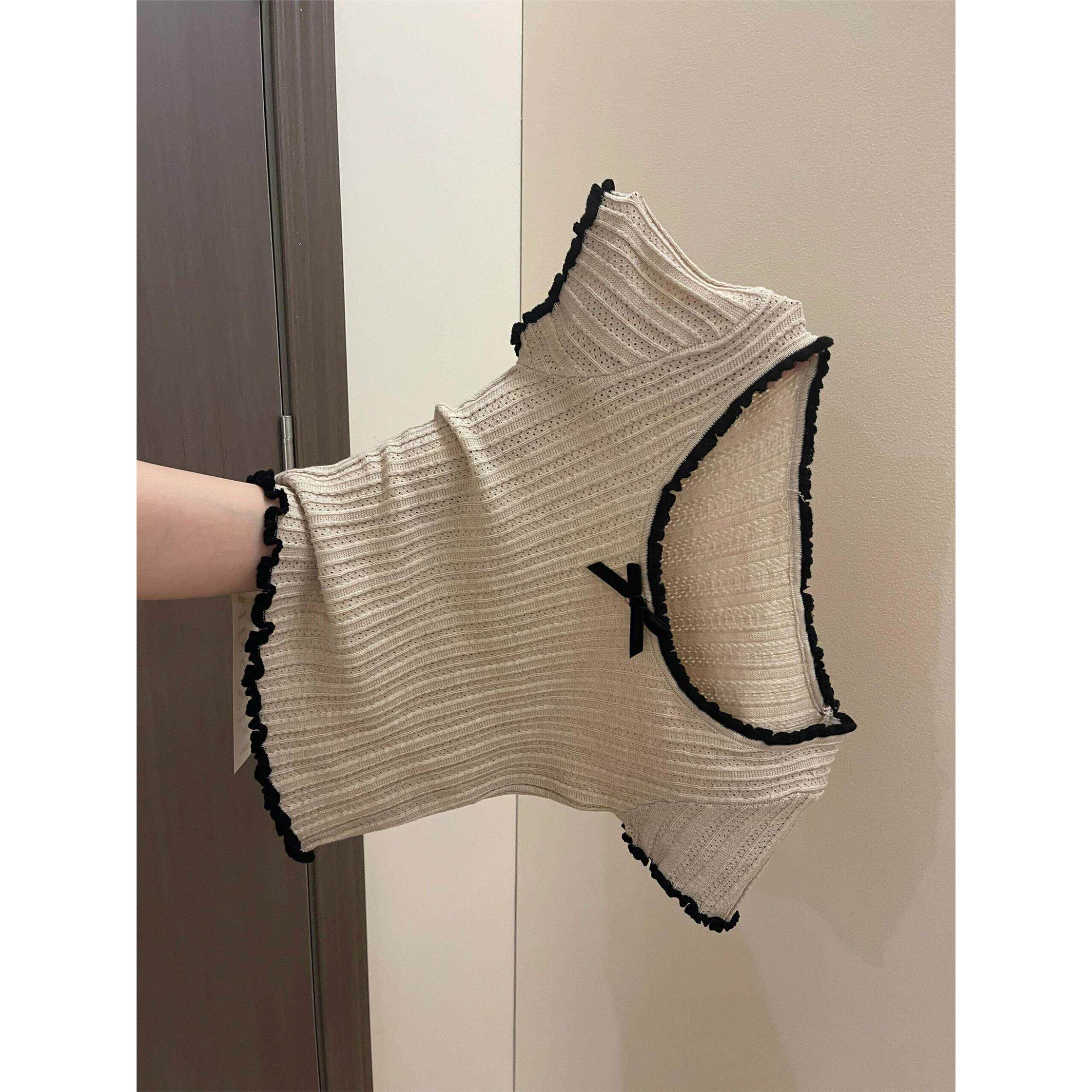 美式正肩撞色花边蝴蝶结冰丝针织短袖T恤女夏季紧身辣妹短款上衣