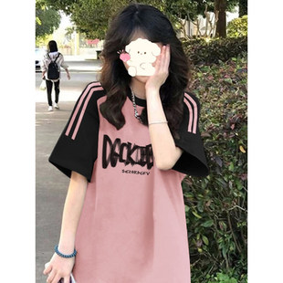 美式覆古三条杠短袖t恤女大童夏季薄款初中高中学生宽松纯棉上衣