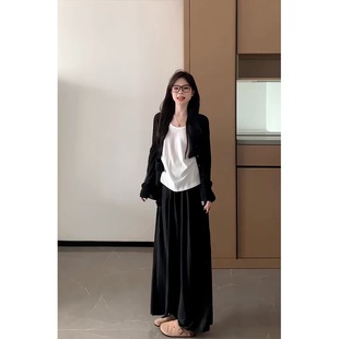 宽松休闲裤 复古慵懒风套装 秋季 外套叠穿背心新款 三件套 女黑色开衫