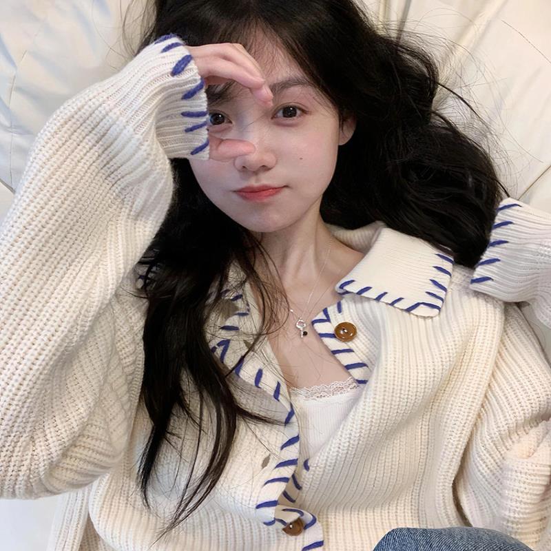 翻领撞色外穿毛衣外套女春季宽松慵懒高级感针织开衫设计感温柔风