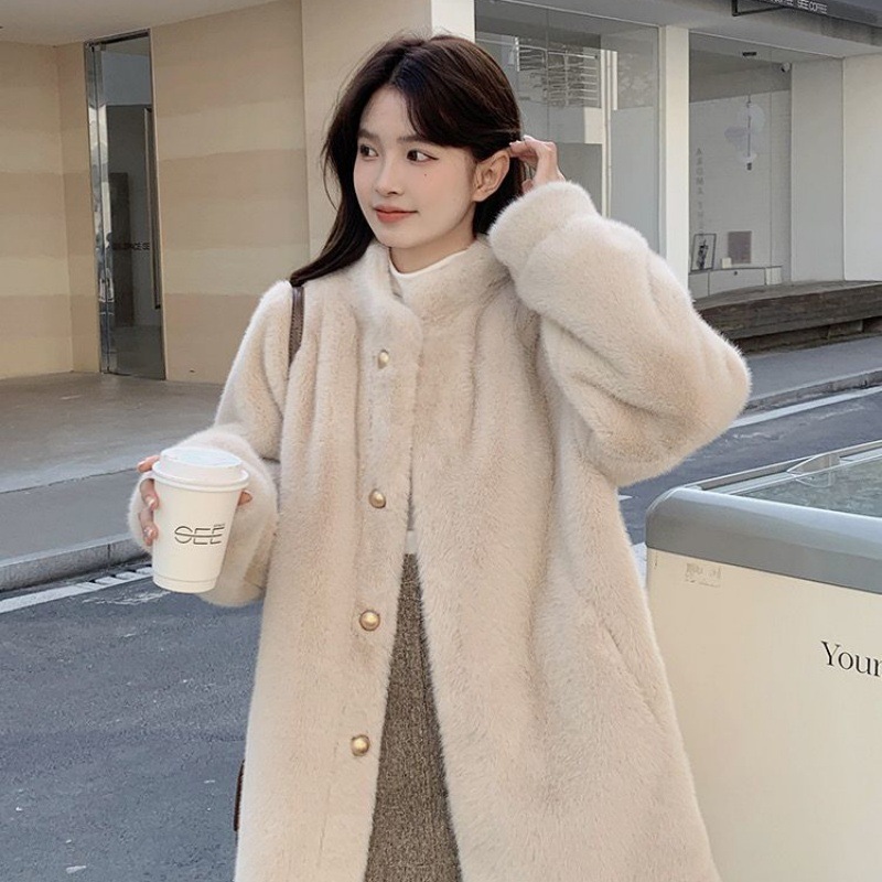 冬季加厚中长款水貂绒外套女立领显瘦宫廷风毛毛外套皮毛一体