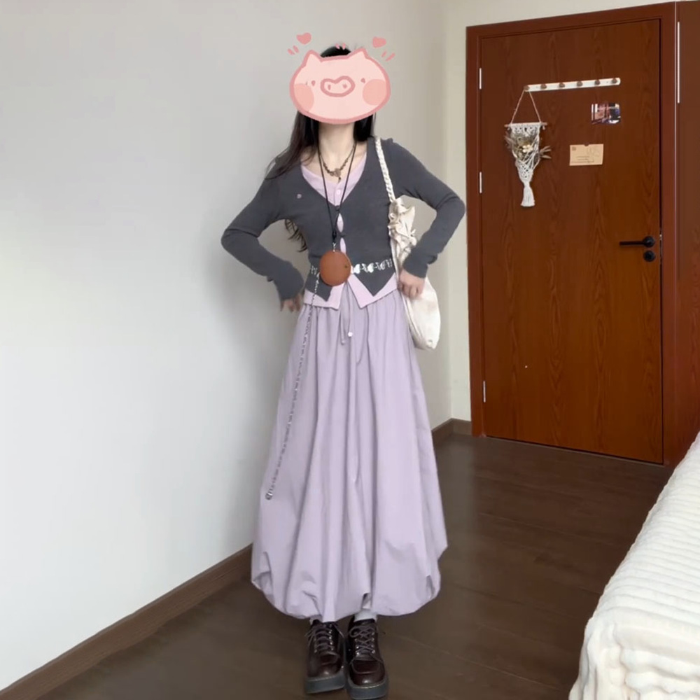 假两件撞色修身针织衫上衣女早春蓬蓬花苞半身长裙