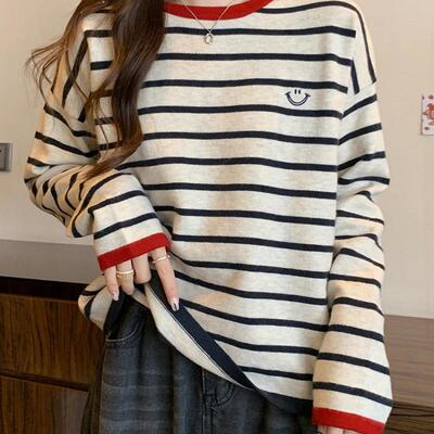 别致条纹chic撞色减龄上衣2025春秋冬季慵懒风长袖刺绣针织打底衫