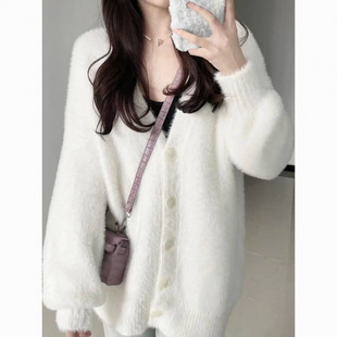 子鱼衣家仿水貂绒开衫外套女仿貂毛宽松垂坠感慵懒秋冬