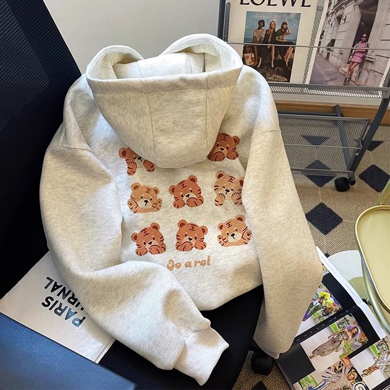 秋冬季加绒加厚灰色童趣减龄连帽卫衣女oversize洋气慵懒宽松上衣