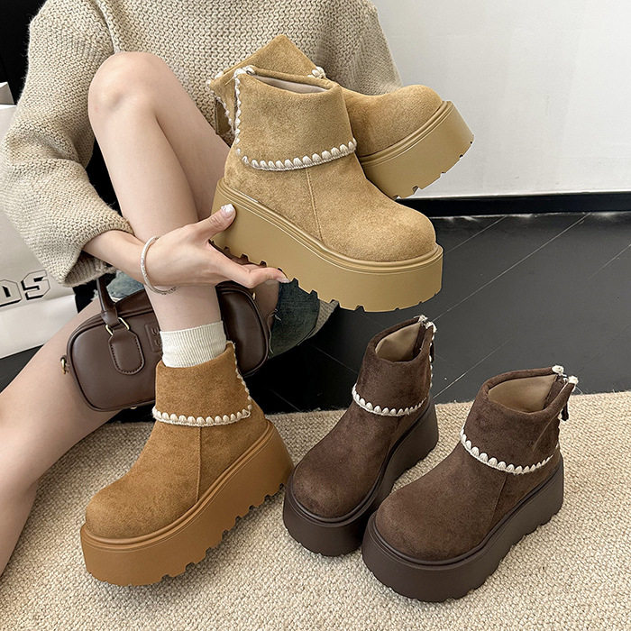 花边简约短靴厚底内增高雪地靴女秋冬复古加绒加厚保暖短筒大棉鞋