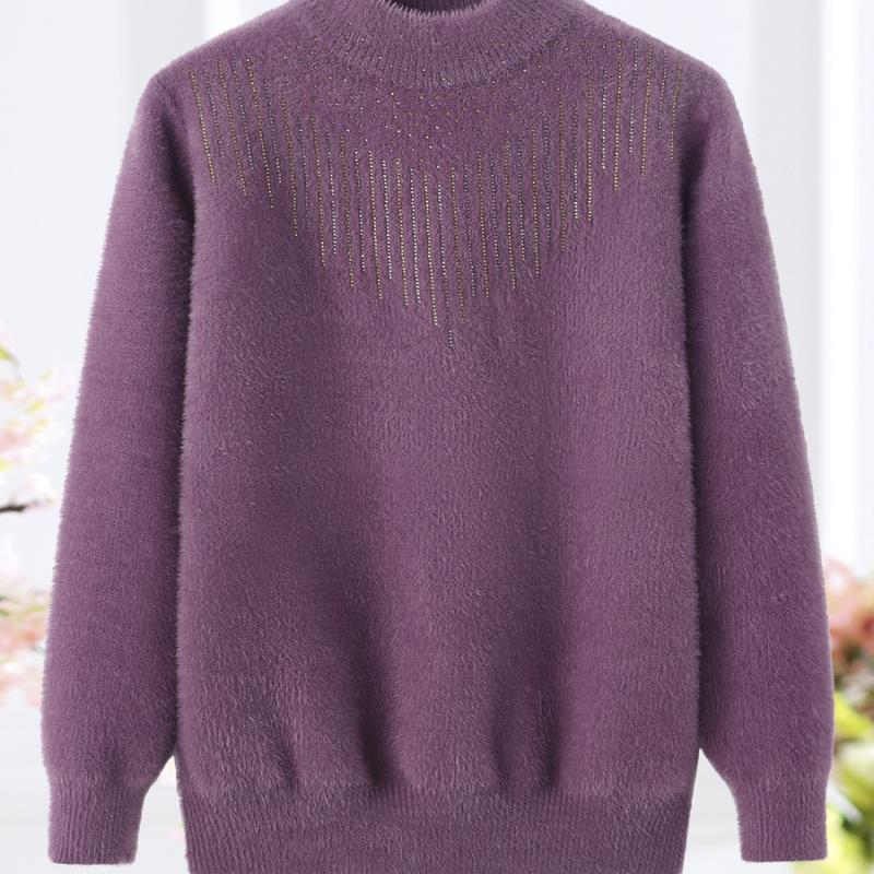 中老年半高领仿貂毛妈妈装毛衣中老年女装纯色大码加厚加绒针织衫