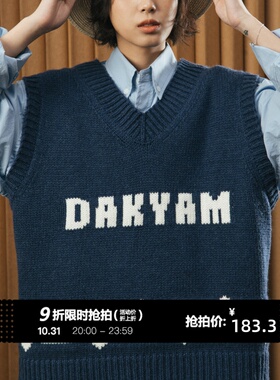 DAKYAM 22AW复古图腾提花编织V领混花色无领休闲毛织马甲背心男女