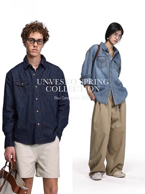 Unvesno(UN)中性风自然喷色高质水洗牛仔亚麻棉混纺衬衫
