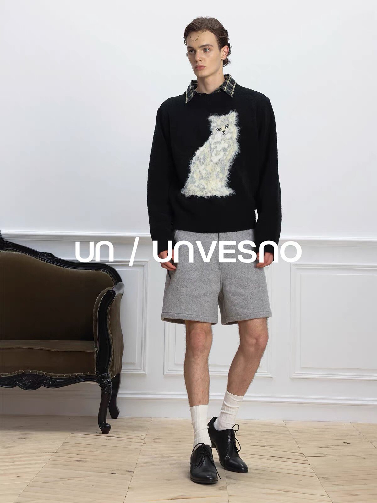 Unvesno(UN)羊毛混纺圈圈纱手工进口挂毛立体猫咪圆领毛衣