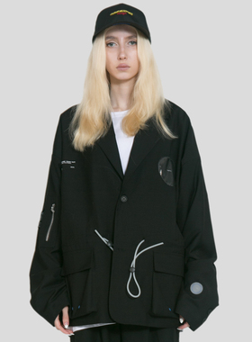 OBSERVER OB LAB简洁暗条纹机能潮牌黑色宽松休闲西服西装外套