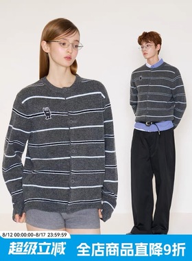 MYSAMESAME25AW保暖细腻羊毛条纹无领纽扣毛衣宽松刺绣针织开衫